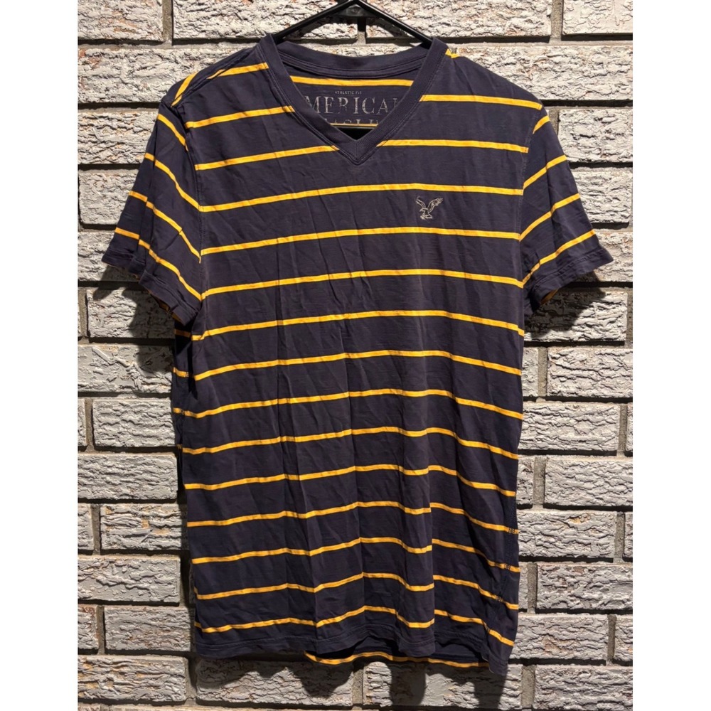 American Eagle Mens V-Neck Y2K T-Shirt Navy Yellow Striped Athletic Fit M